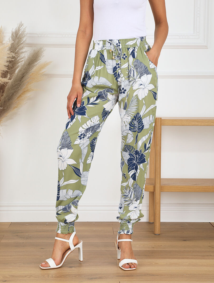 Pantalon imprimé feuilles tropicales à bas élastiqués - Kaki - 4