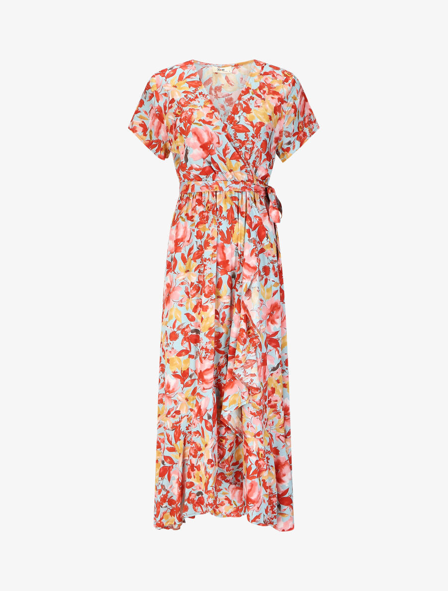 Robe longue fleurie manches courtes - Bleu ciel - 2
