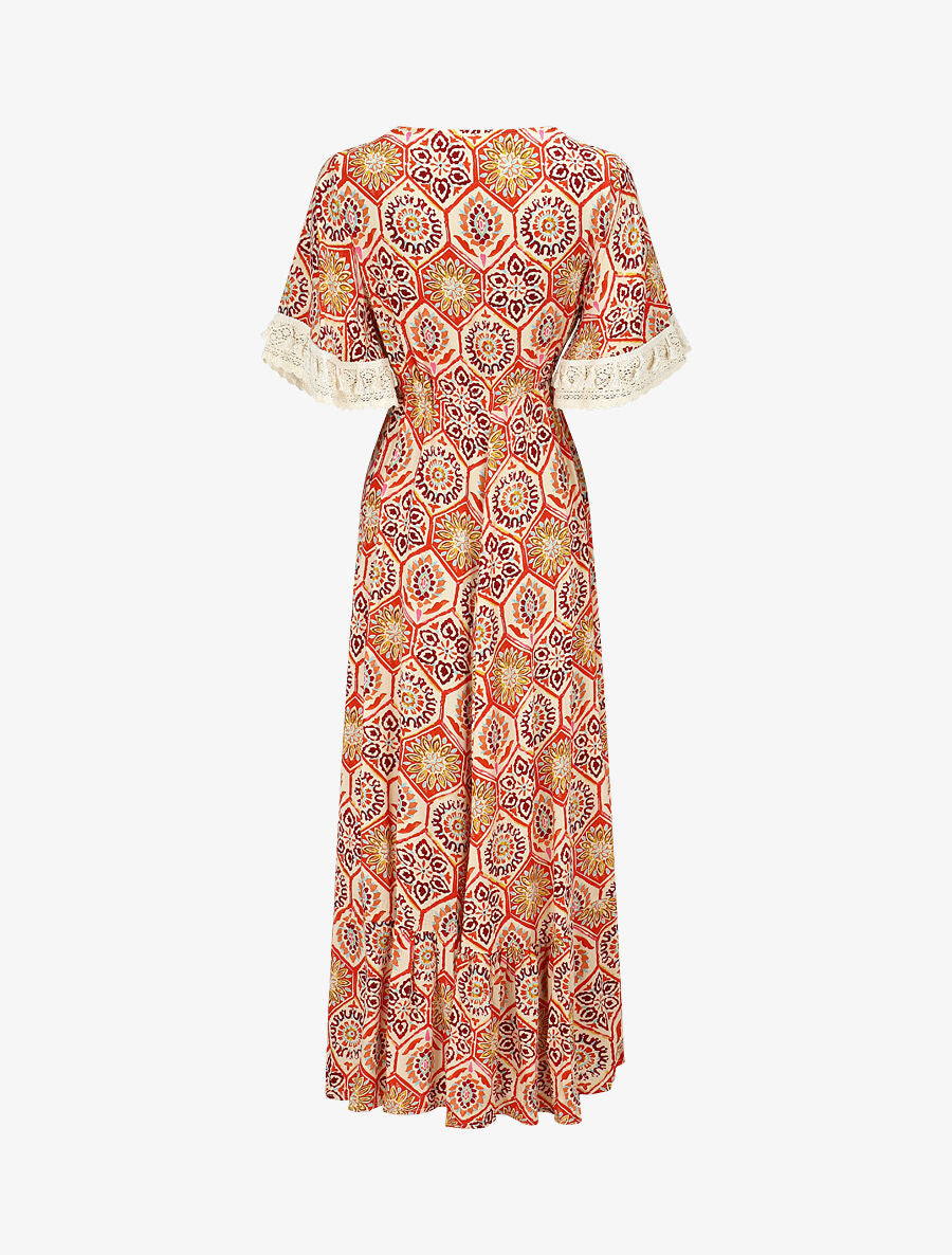 Robe longue imprimé fantaisie à détail broderies - Rouge - 2