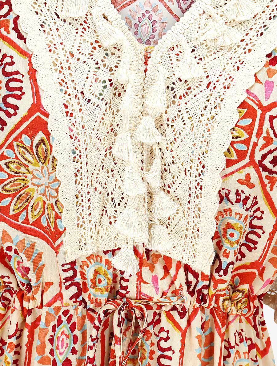 Robe longue imprimé fantaisie à détail broderies - Rouge - 3