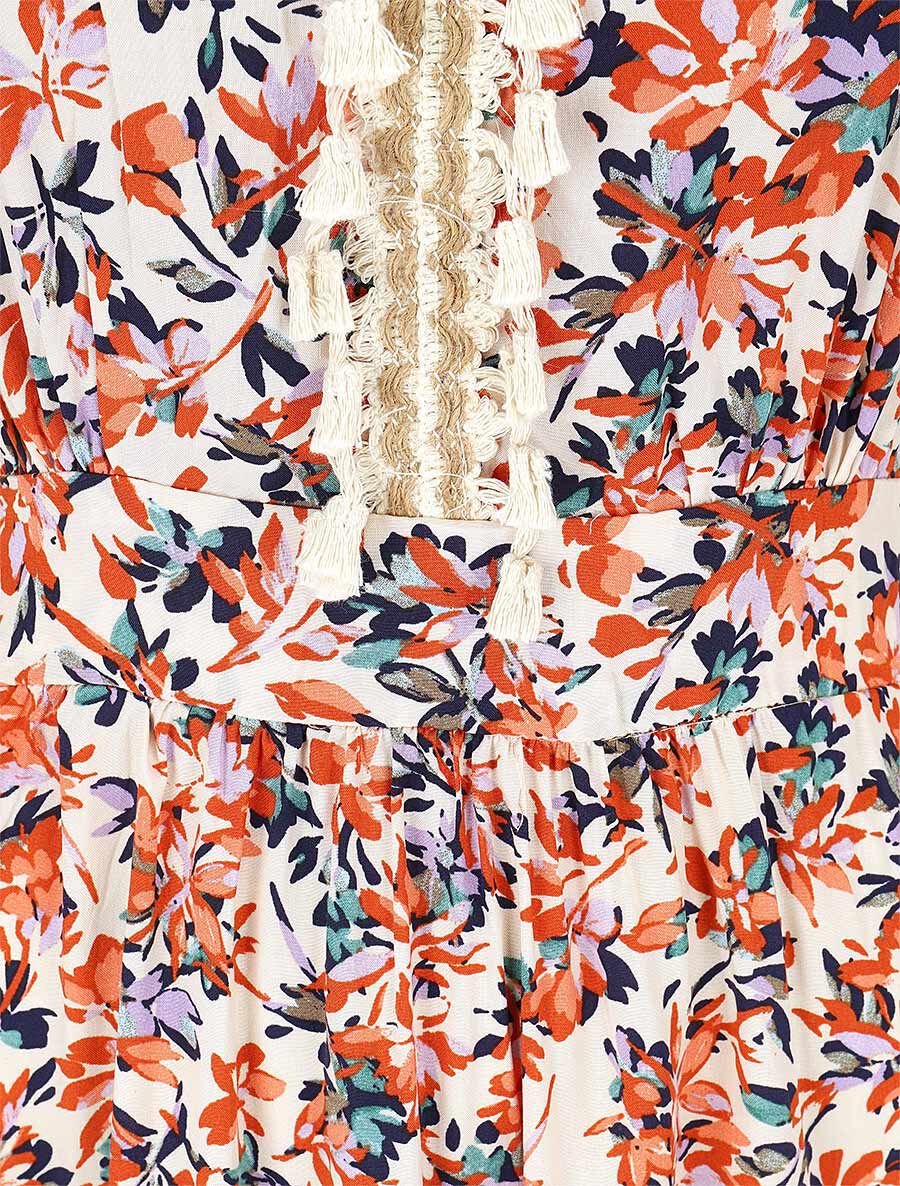 Robe imprimé fleuri à détail pampilles - Rouge - 3
