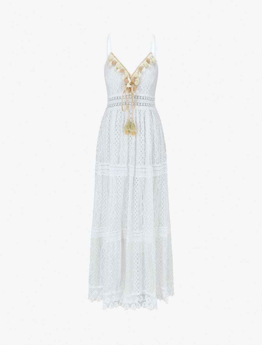 Robe longue crochet à détail pompons - Blanc - 1