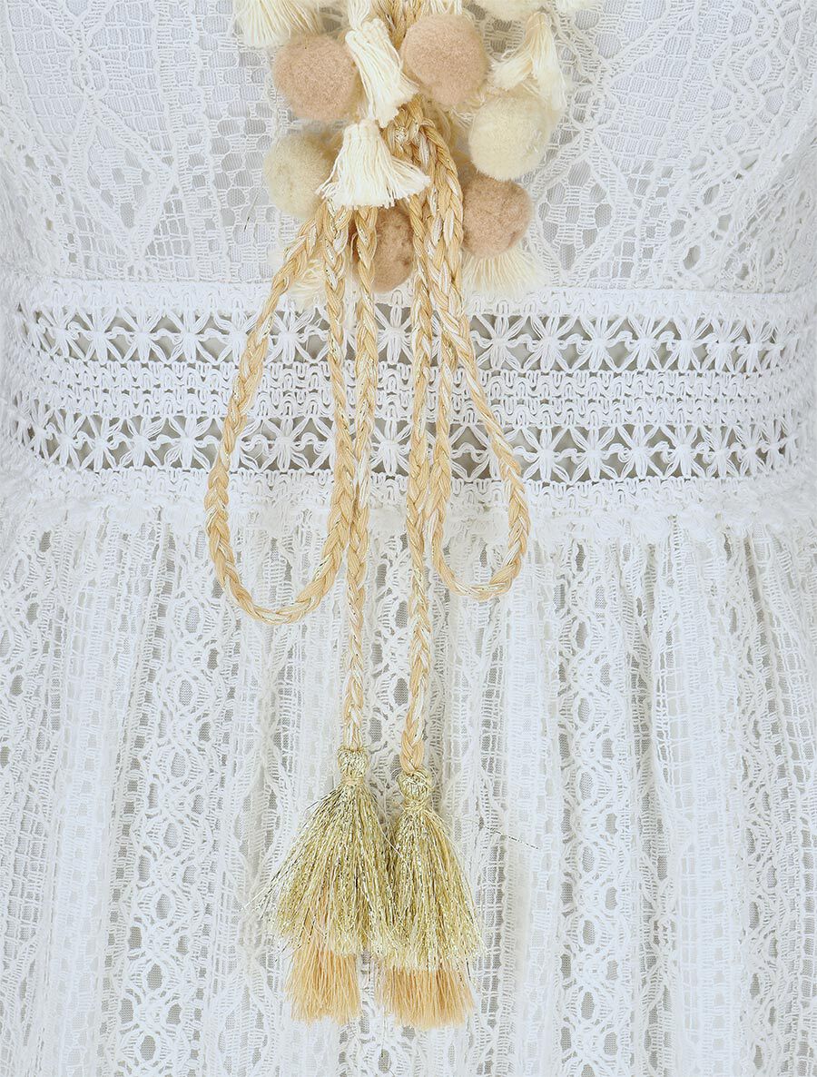Robe longue crochet à détail pompons - Blanc - 3