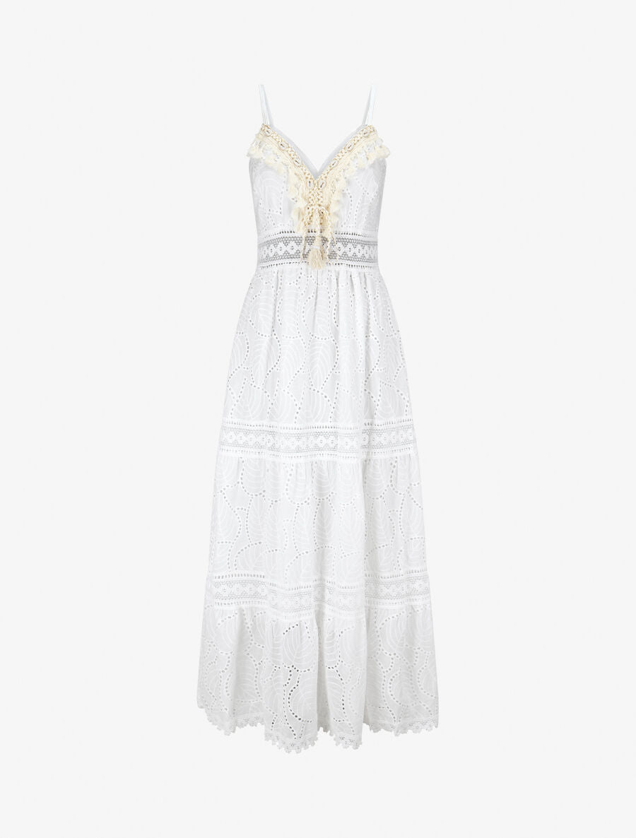 Robe longue à broderies et coquillages - Blanc - 4