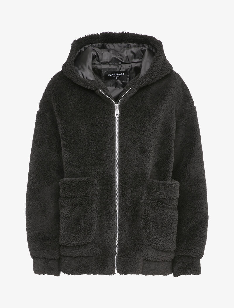 Manteau duveteux à capuche - Noir - 1