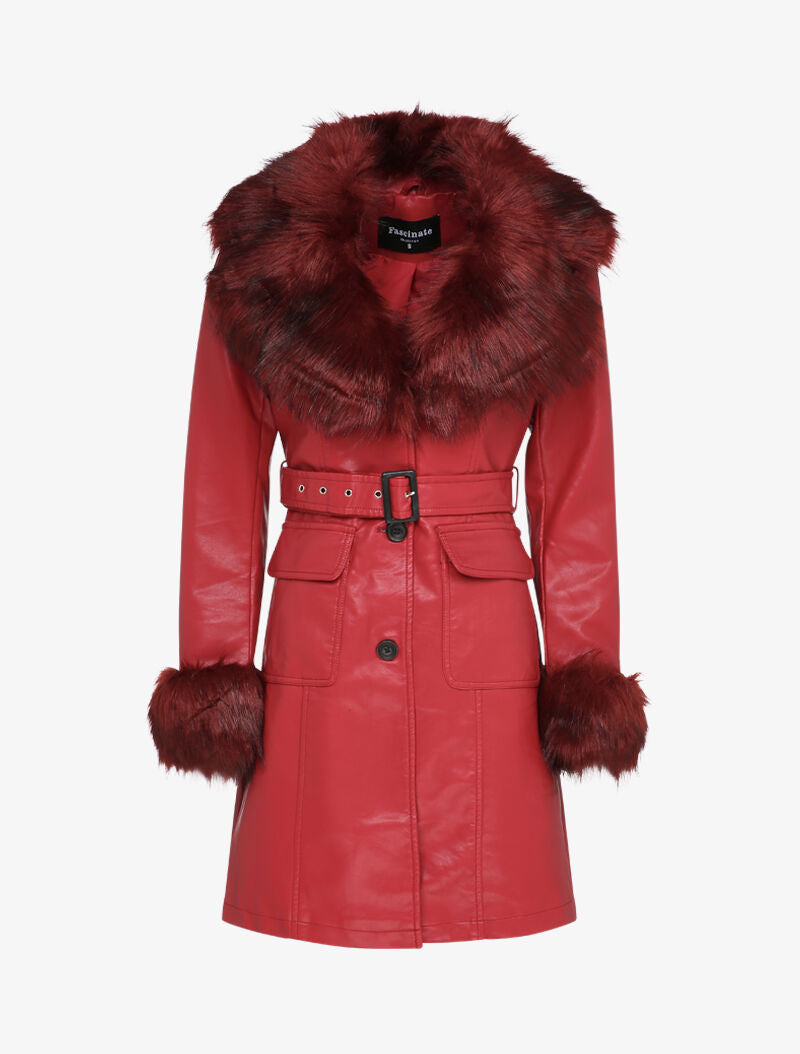 Manteau en simili à col et poignets en fausse fourrure - Rouge - 1