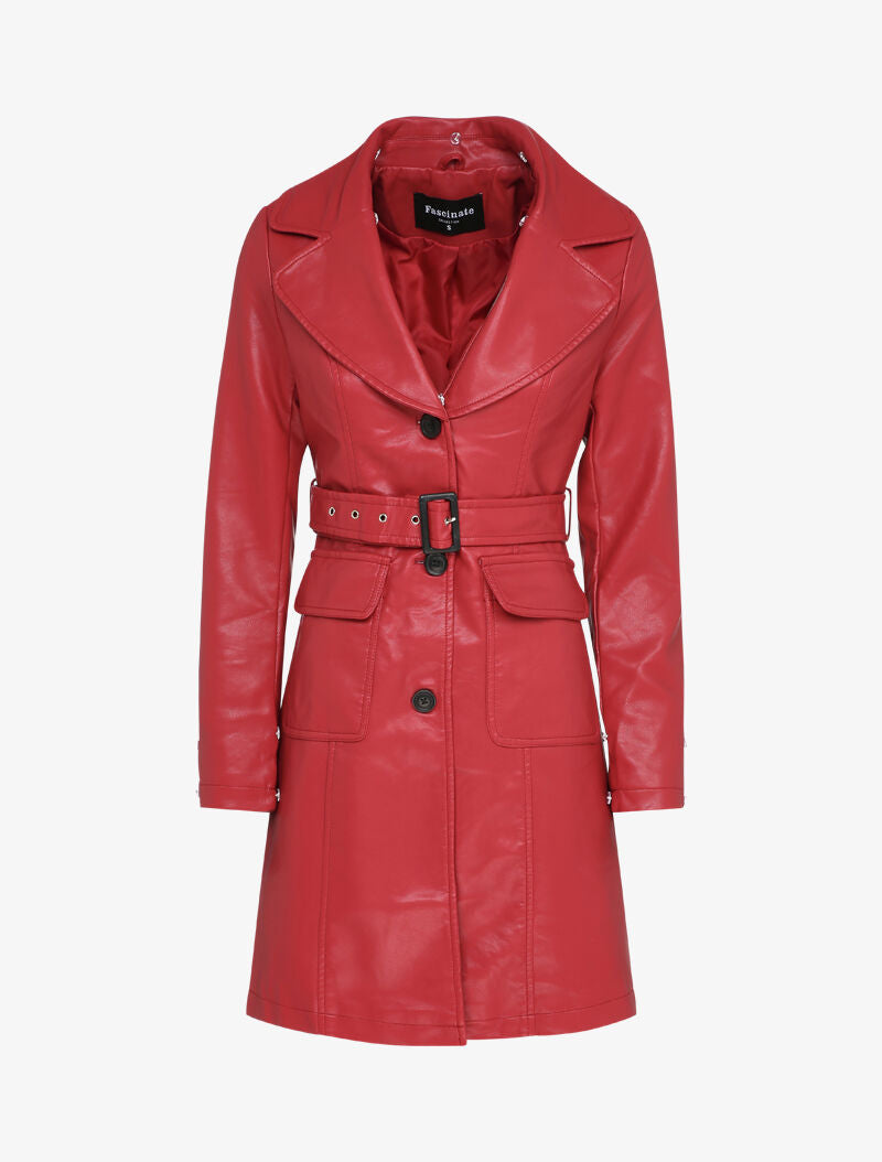Manteau en simili à col et poignets en fausse fourrure - Rouge - 3