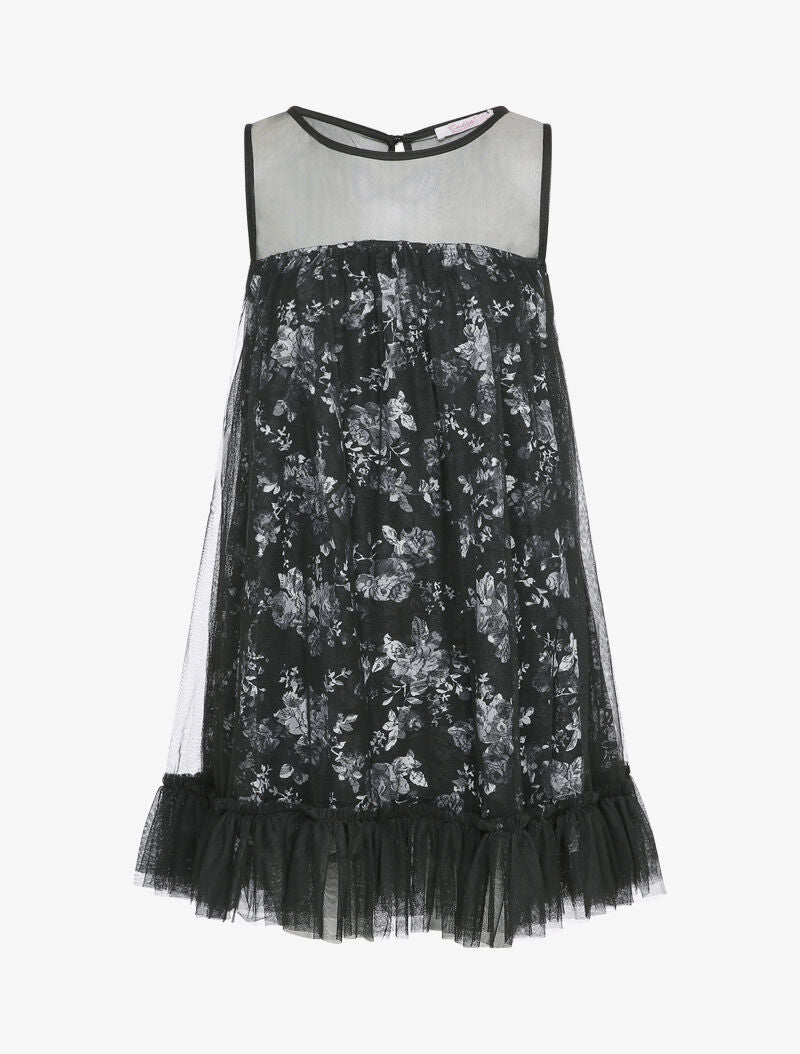 Robe babydoll imprimé roses et bords volantés - Noir - 1