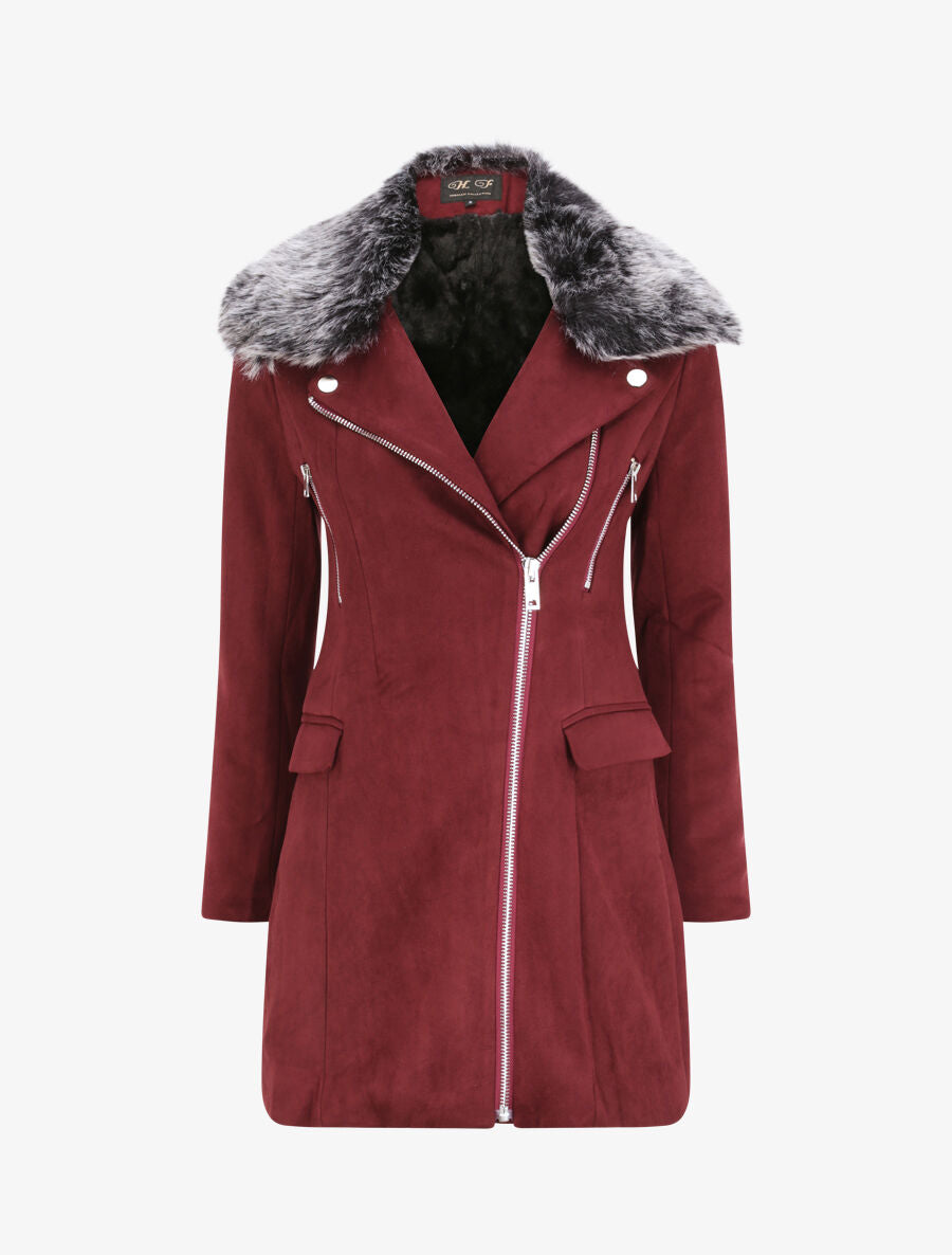 Manteau à col cranté et intérieur fourré - Lie de vin - 5