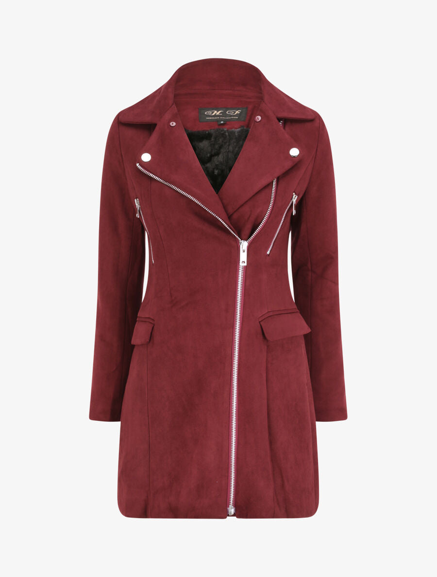 Manteau à col cranté et intérieur fourré - Lie de vin - 4