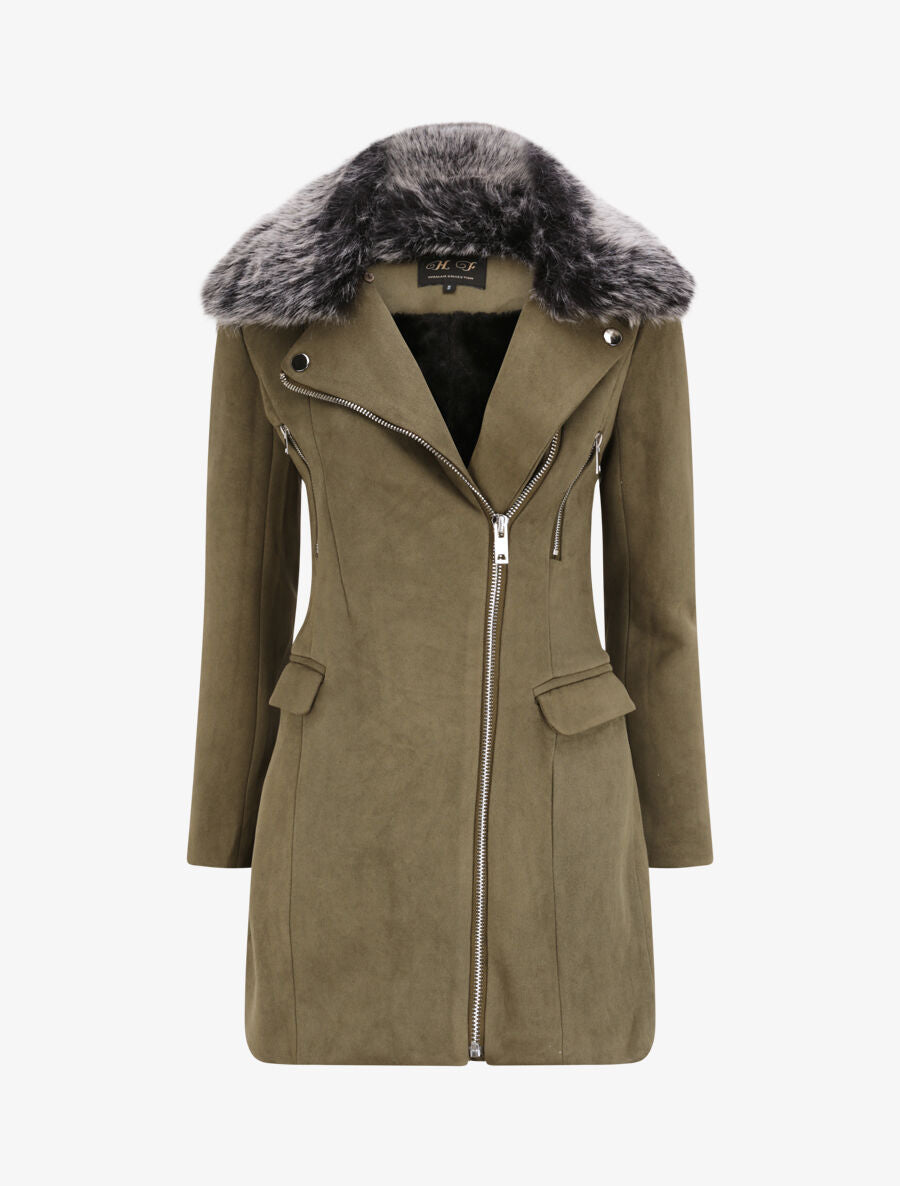Manteau à col cranté et intérieur fourré - Kaki - 1