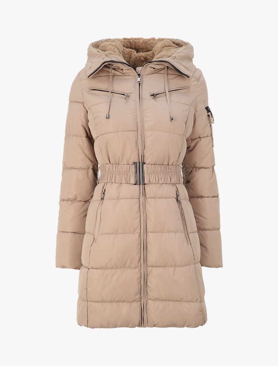Doudoune mi-longue à poches zippées et capuche - Taupe - 3