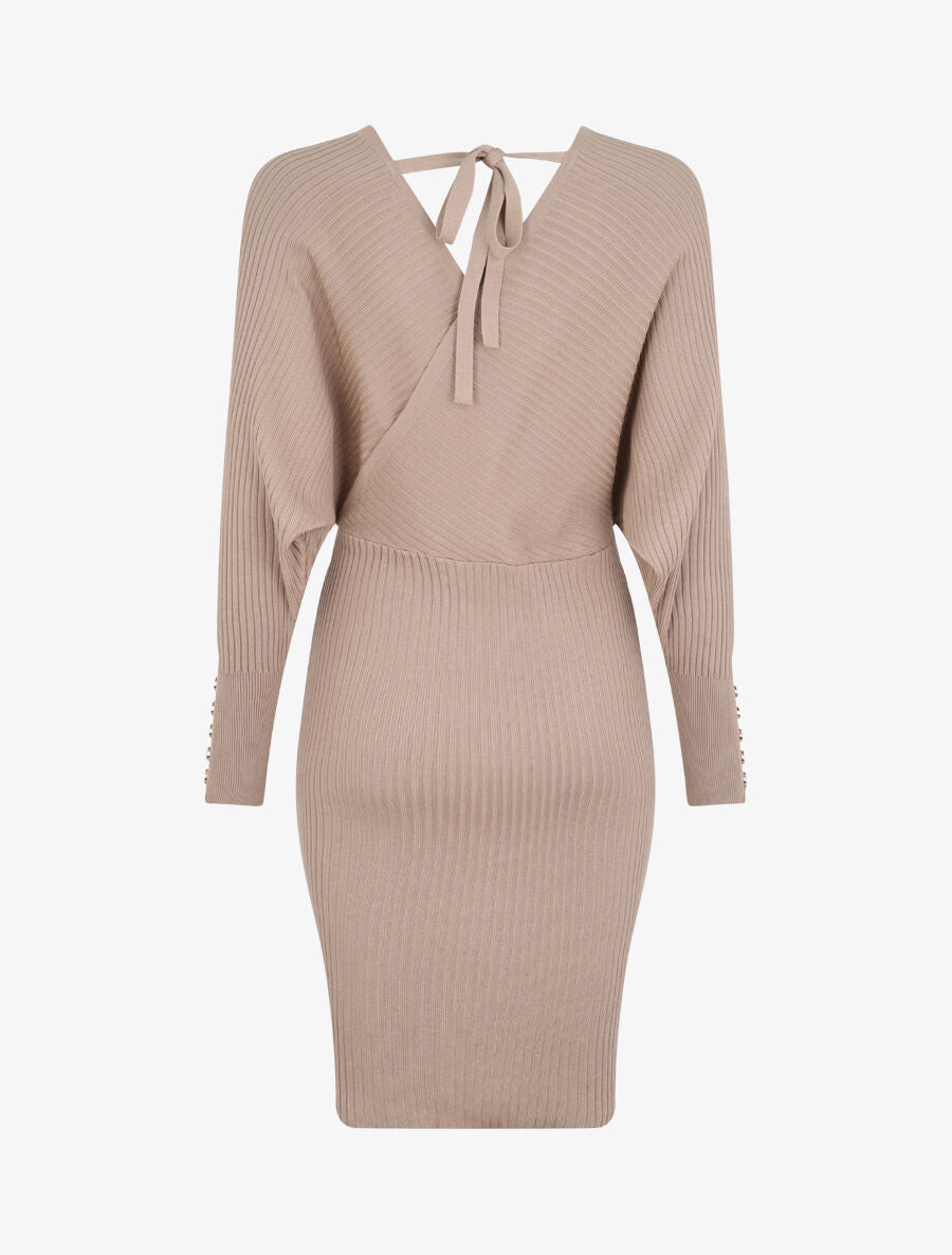 Robe cotelée à ceinture à détail chaîne - Beige - 2