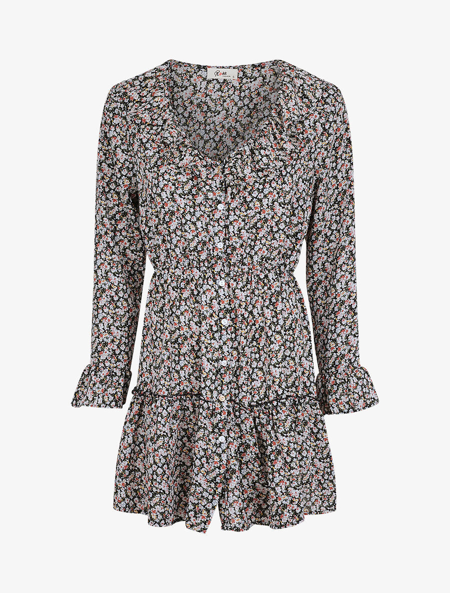 Robe courte patineuse à volants imprimé fleurs printanières - Noir - 5