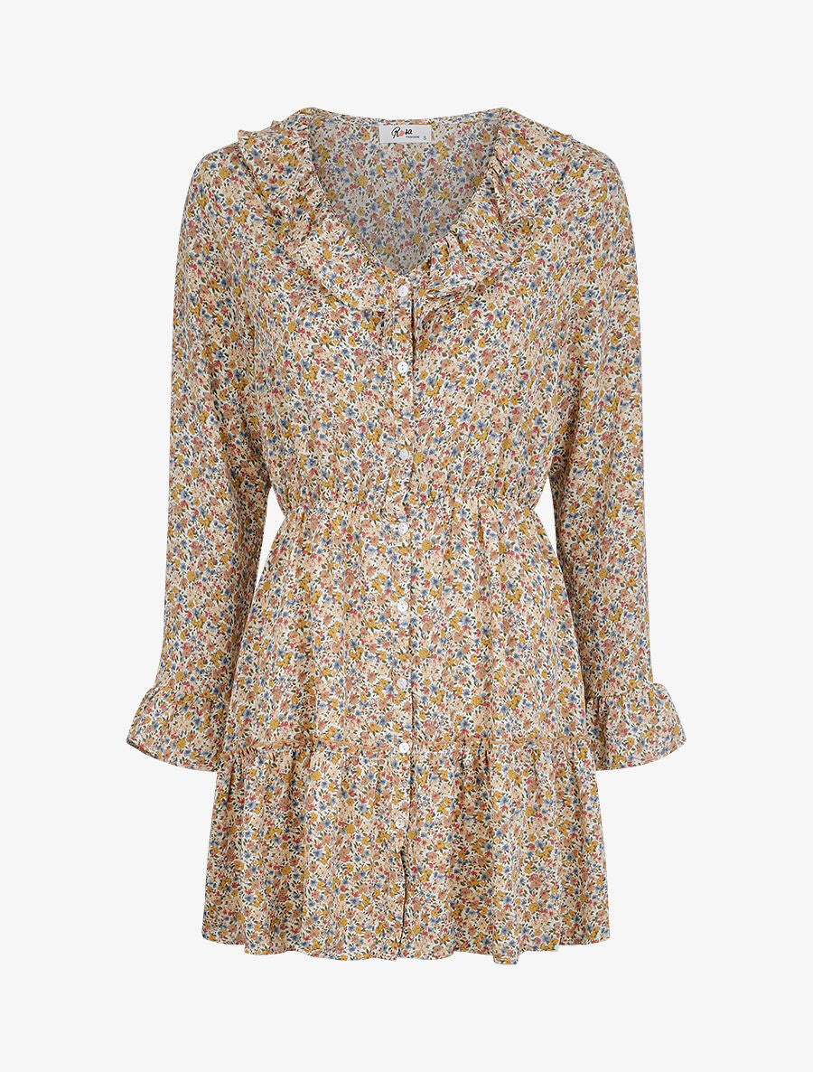 Robe courte patineuse à volants imprimé fleurs printanières - Beige - 1