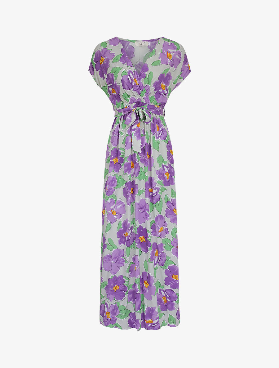 Robe longue empire à manches courtes et imprimé floral - Lilas - 4