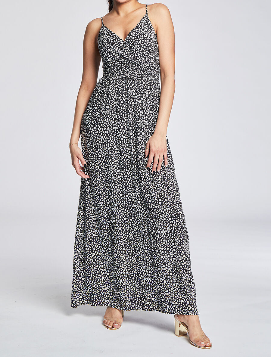 Robe longue empire imprimé marguerites - Noir - 4