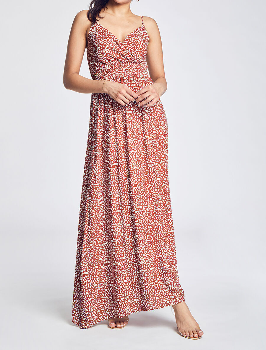 Robe longue empire imprimé marguerites - Rouille - 4