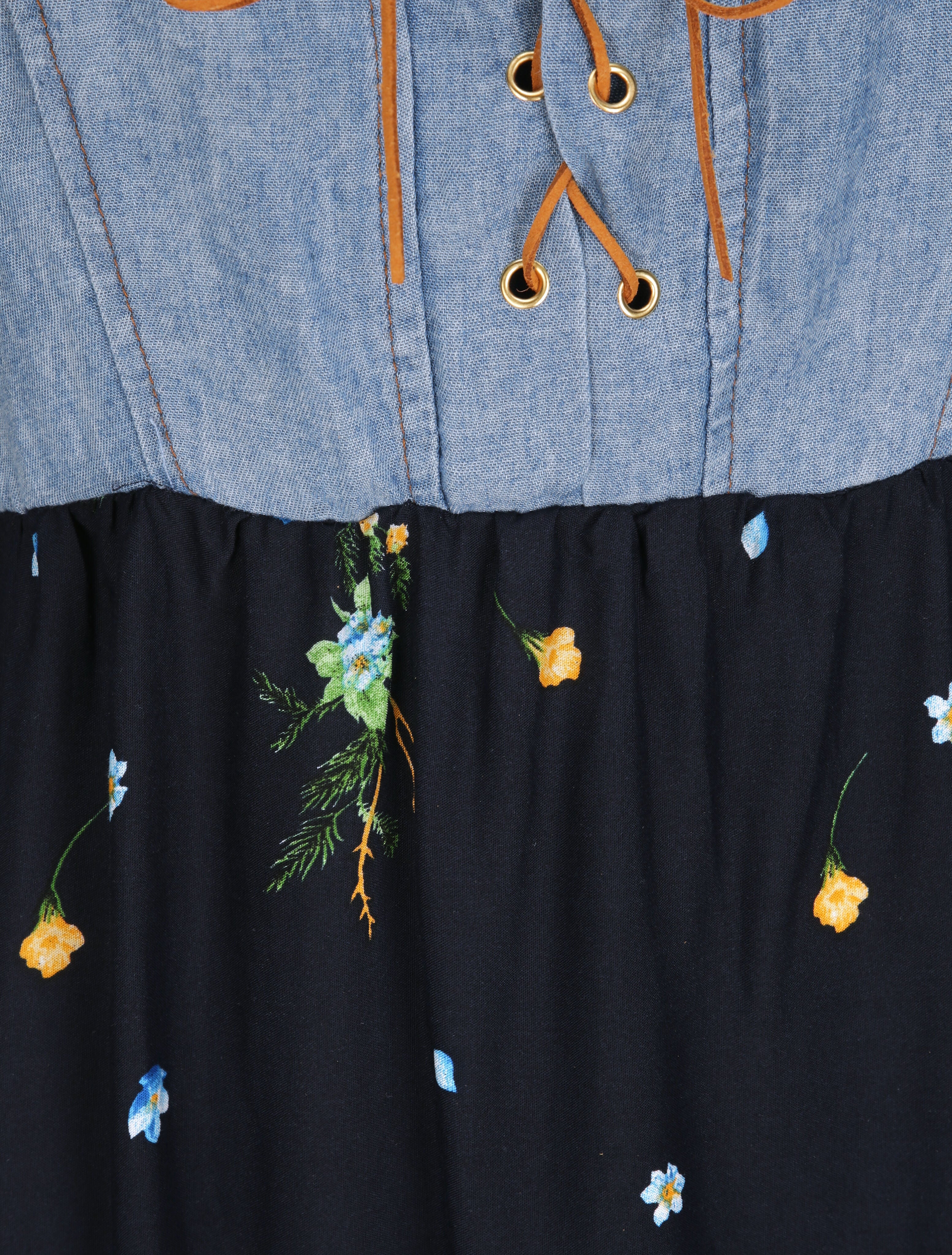 Robe longue empire à corset et imprimé fleurs des champs - Marine - 3