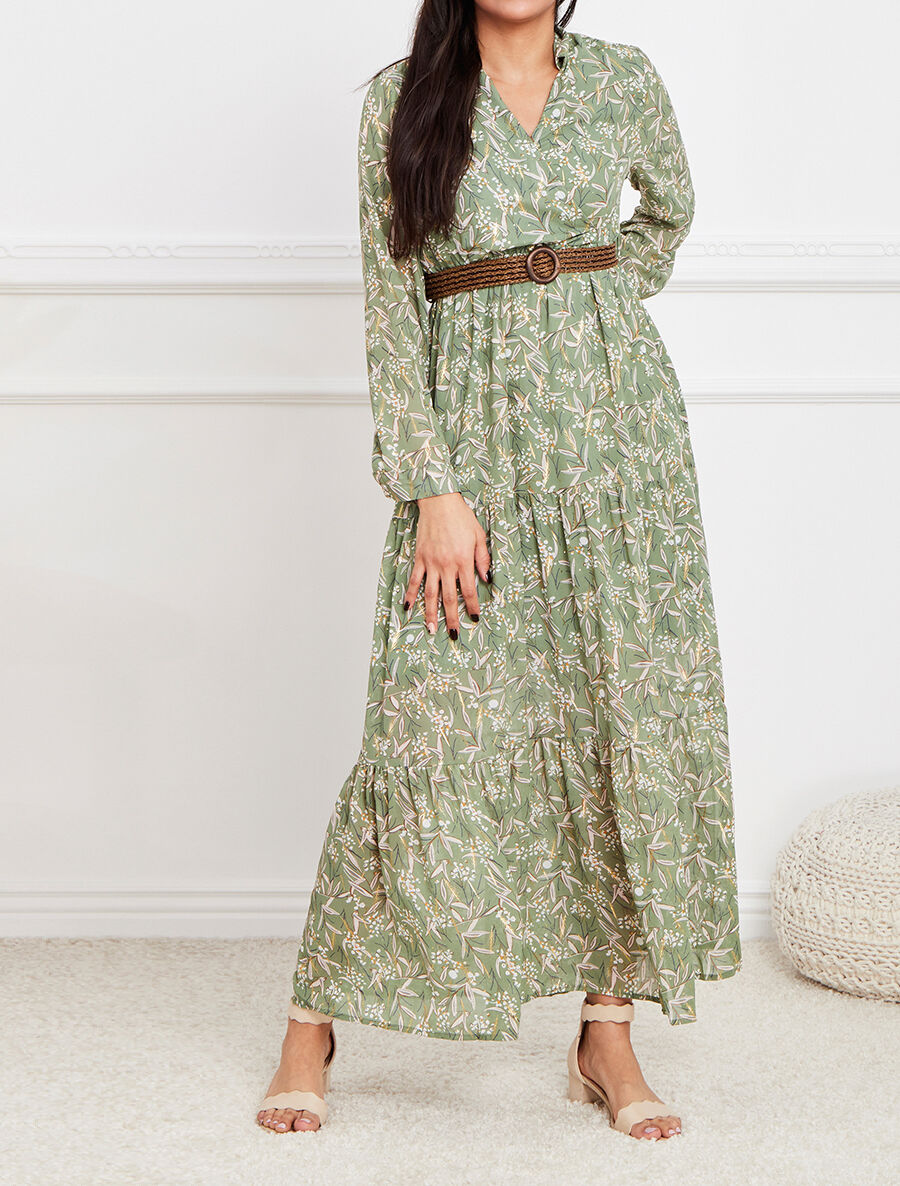 Robe longue empire imprimé feuilles d&