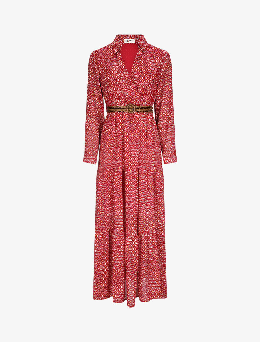 Robe longue empire imprimé faience - Rouge - 1