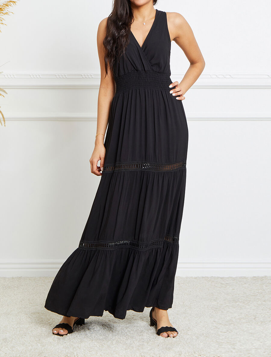 Robe longue empire uni à détail crochet - Noir - 4