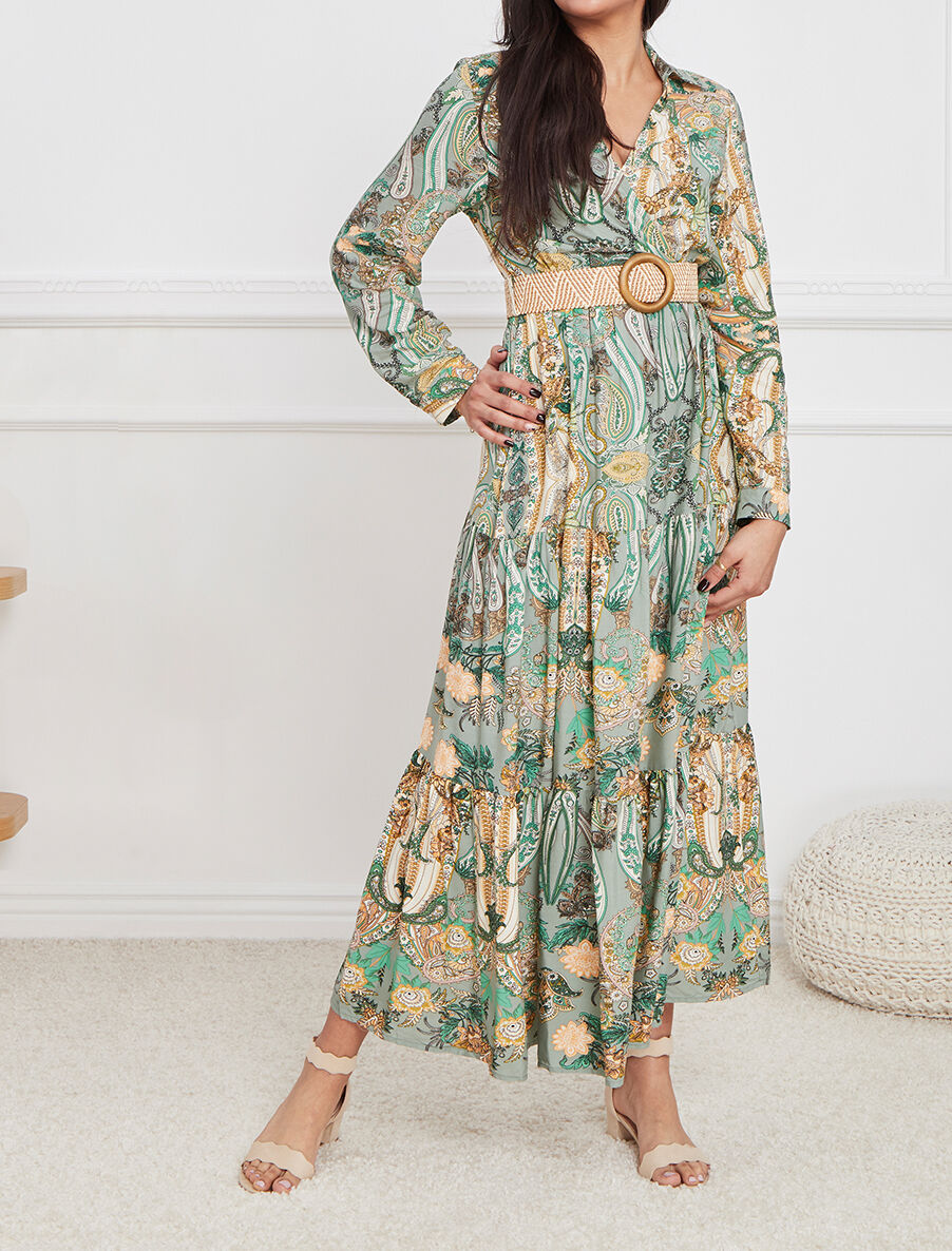 Robe longue empire imprimé cachemire - Vert - 1