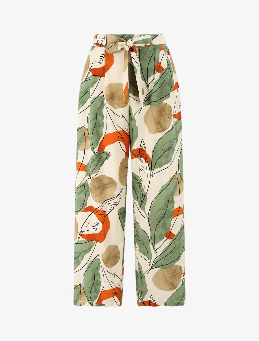 Pantalon fluide coupe loose à imprimé grandes feuilles - Beige - 1