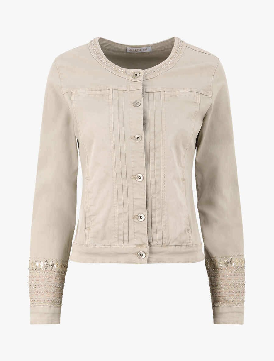 Veste en jean ornée de strass et de sequins - Taupe - 1