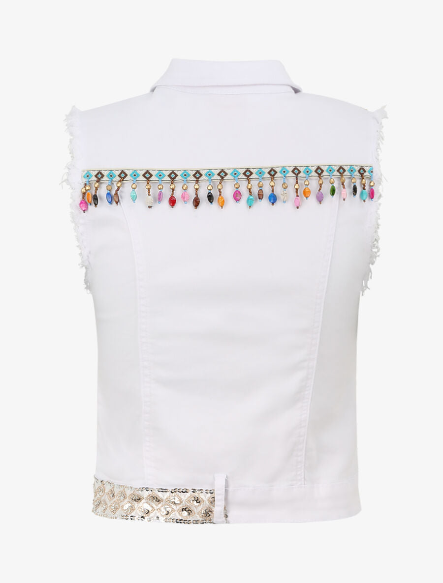 Veste en jean sans manches ornée de sequins et de perles - Blanc - 2