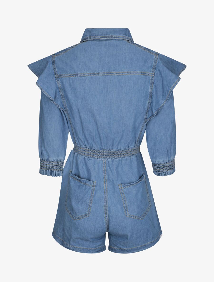 Combishort en jean épaules à volants - Bleu - 2