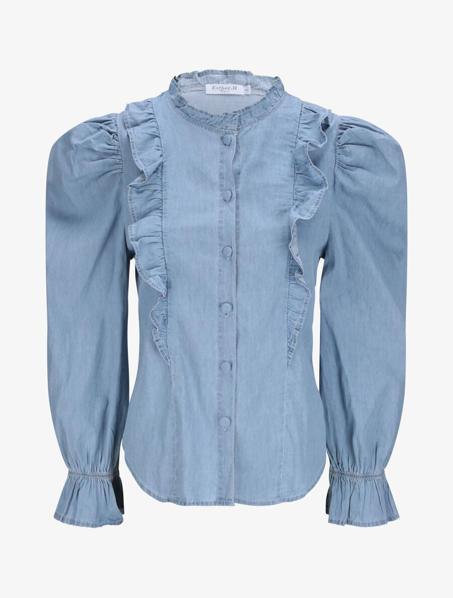 Chemise en jean droite unie volantée - Bleu - 1