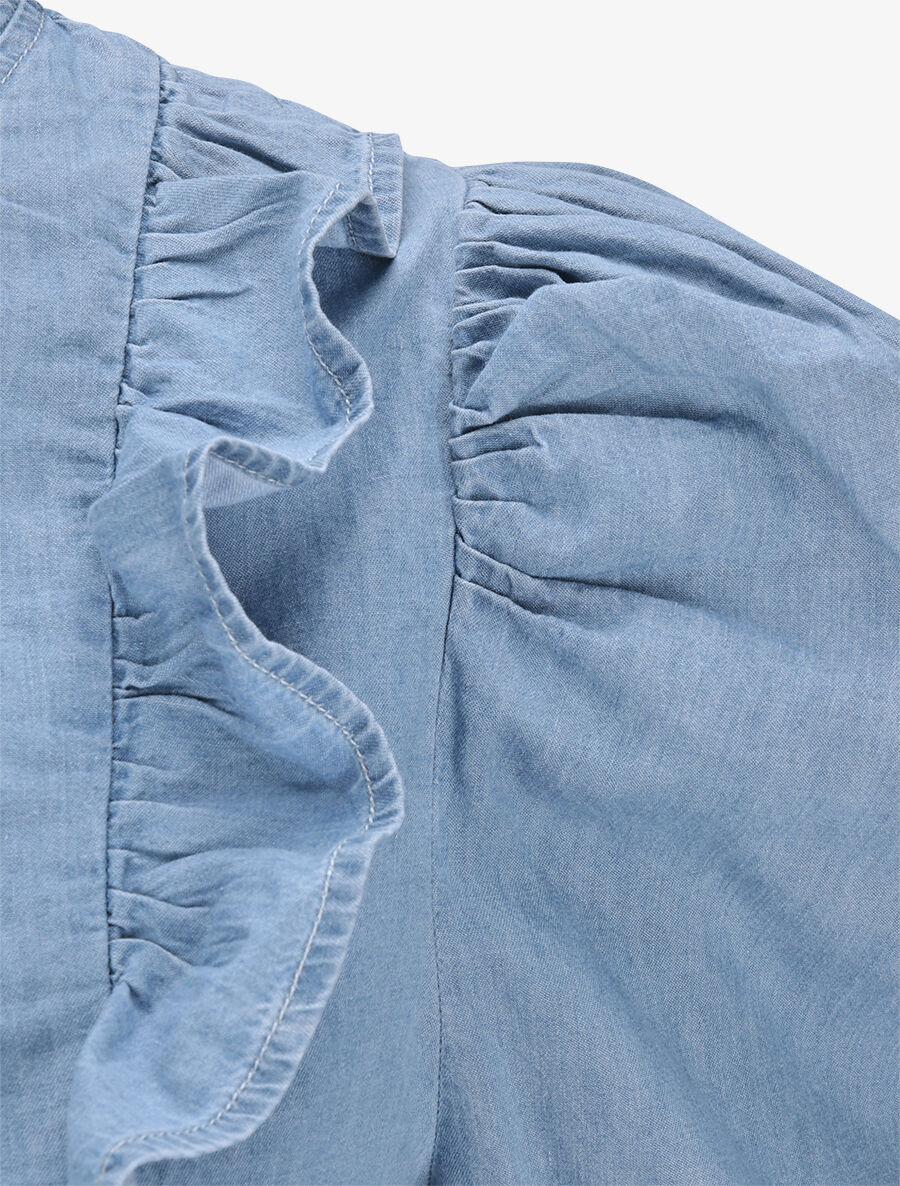 Chemise en jean droite unie volantée - Bleu - 3