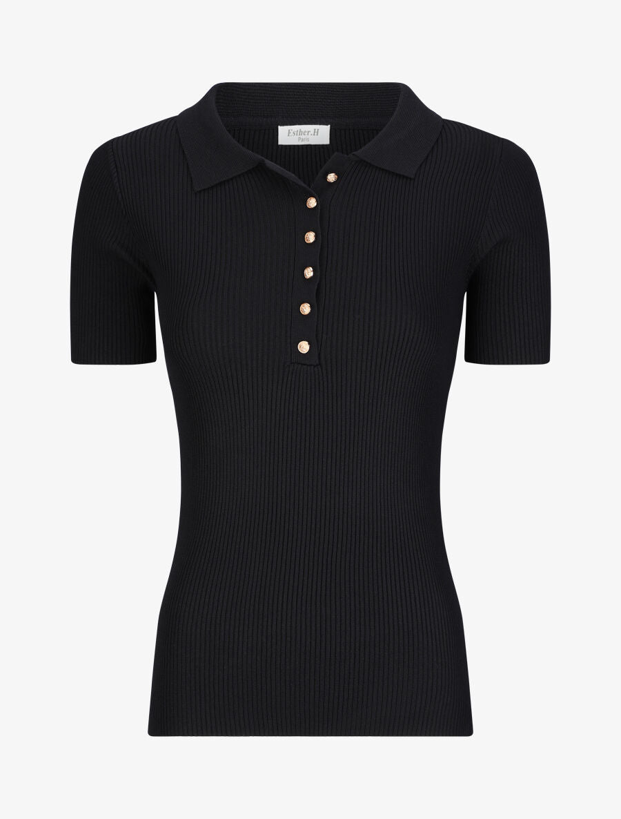 Polo ajusté en maille côtelée - Noir - 1