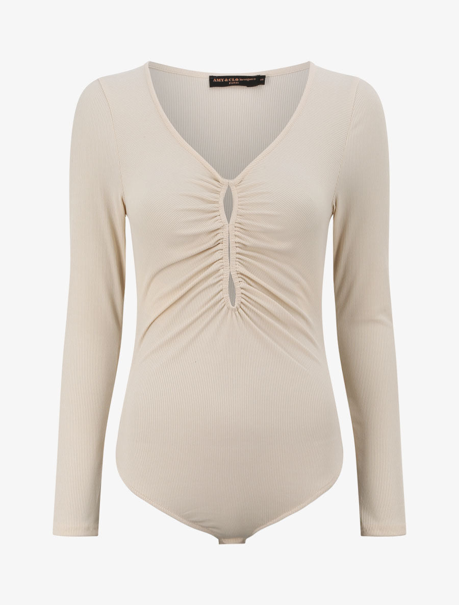 Body côtelé à col en V - Beige - 4