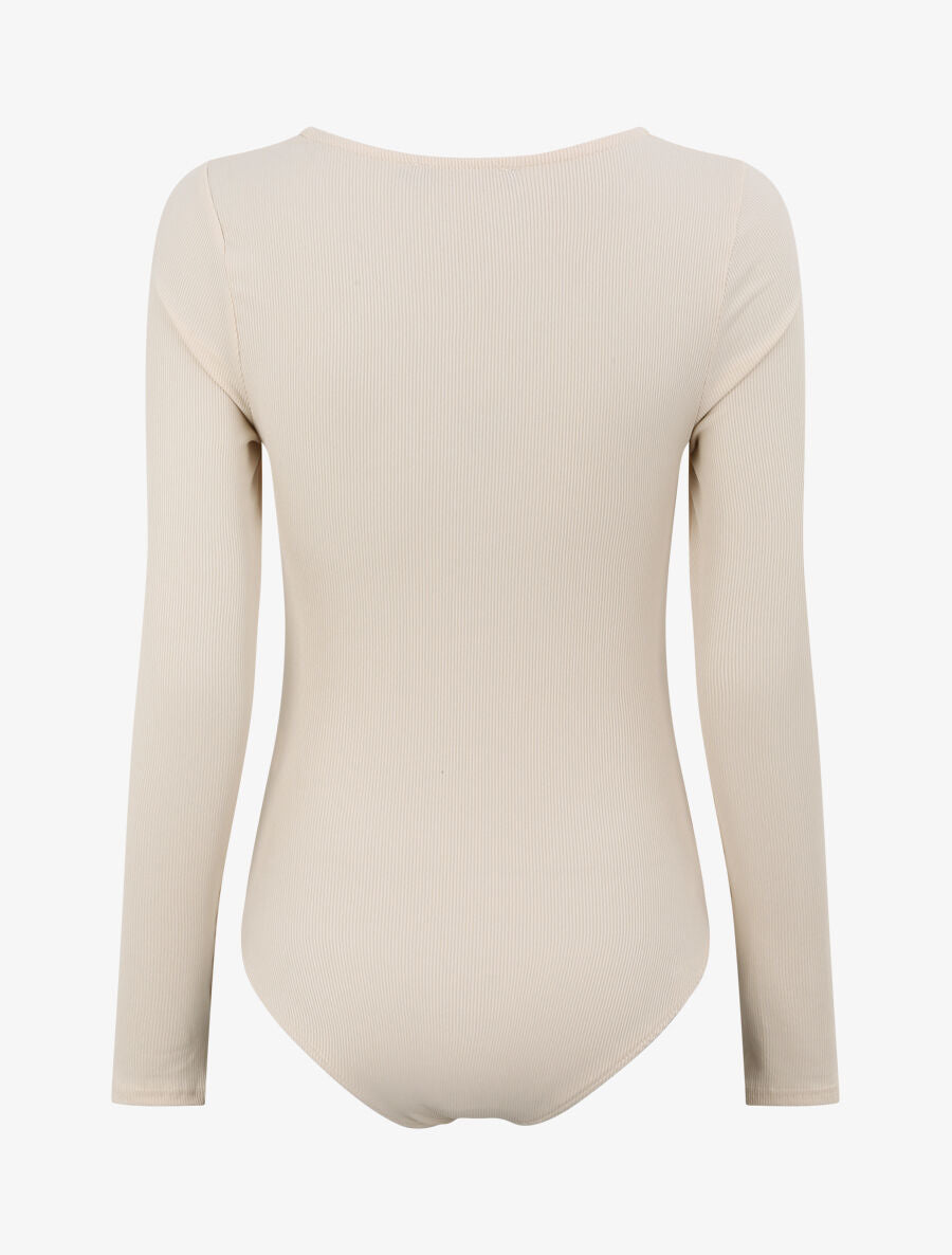 Body côtelé à col en V - Beige - 2