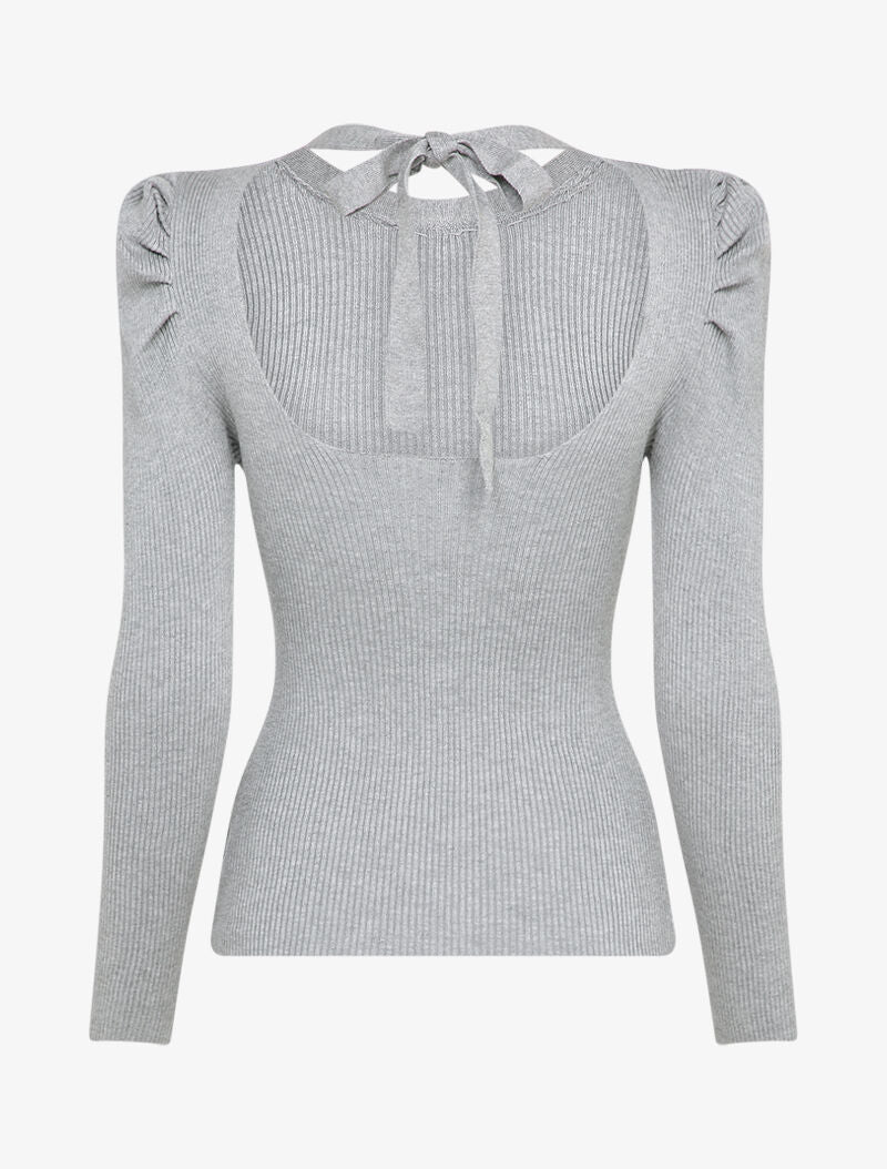 Pull côtelé à col rond à détail chaîne - Gris clair - 2