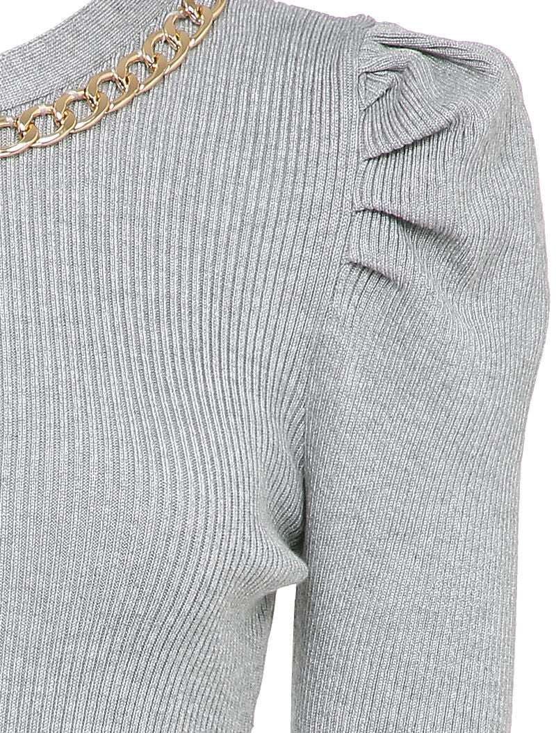 Pull côtelé à col rond à détail chaîne - Gris clair - 3