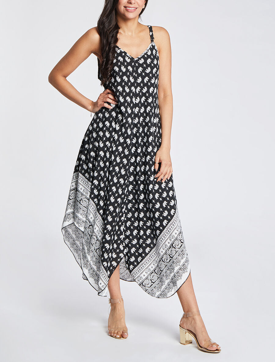 Robe longue asymétrique imprimé éléphants - Noir - 4
