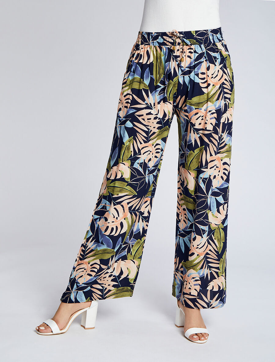Pantalon ample imprimé tropical - Marine - 4