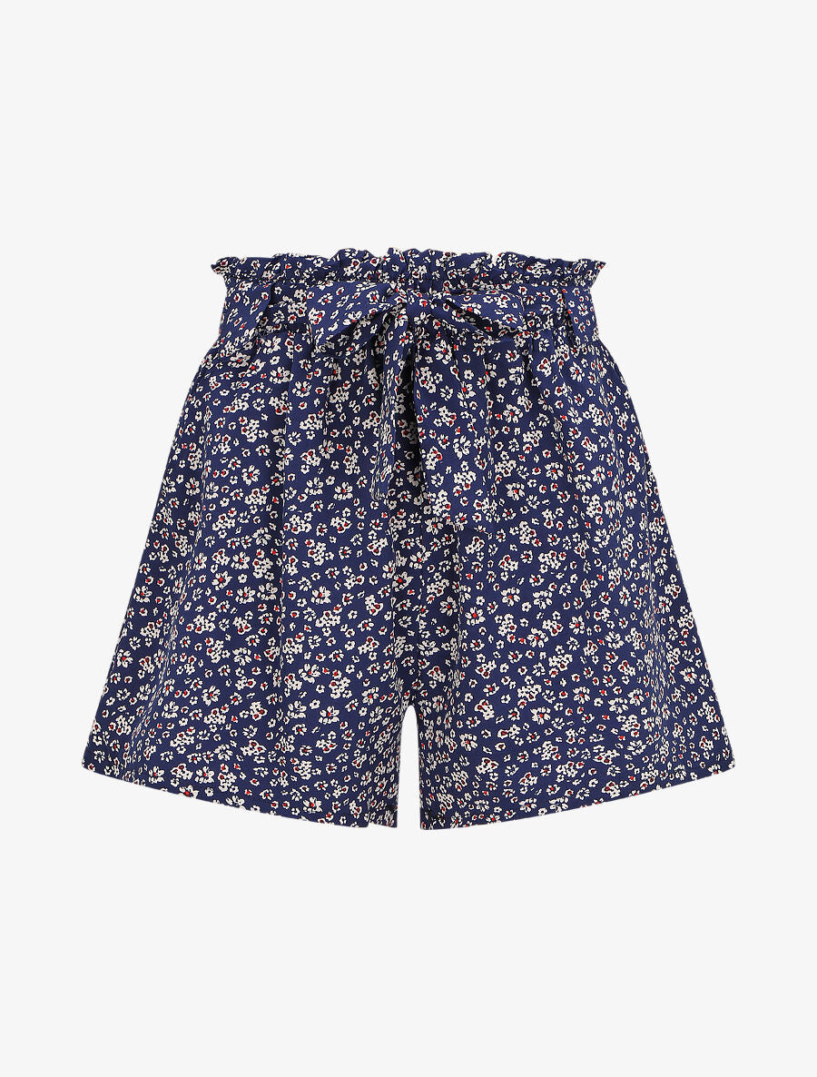 Short à taille froncée imprimé petites fleurs - Marine - 1