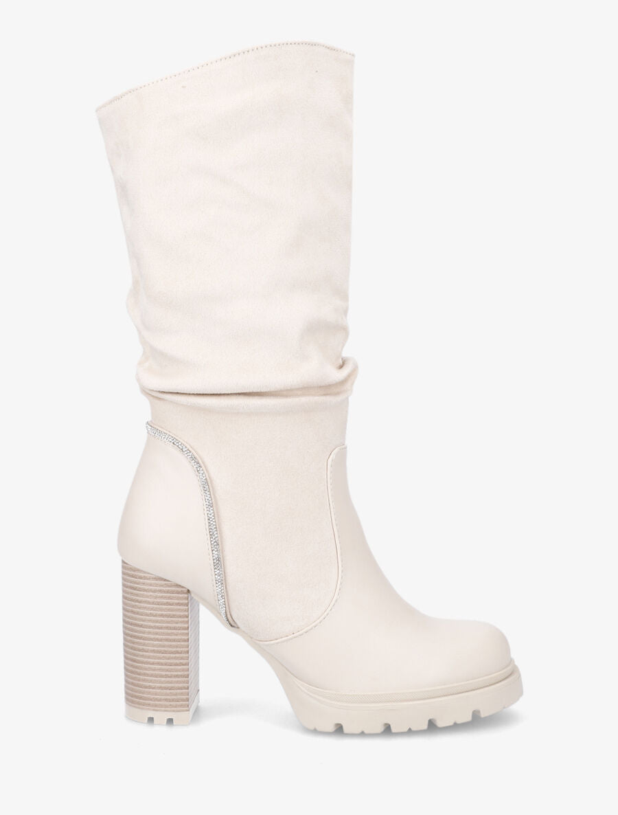 Bottes à talon et strass bi-matière - Beige - 1