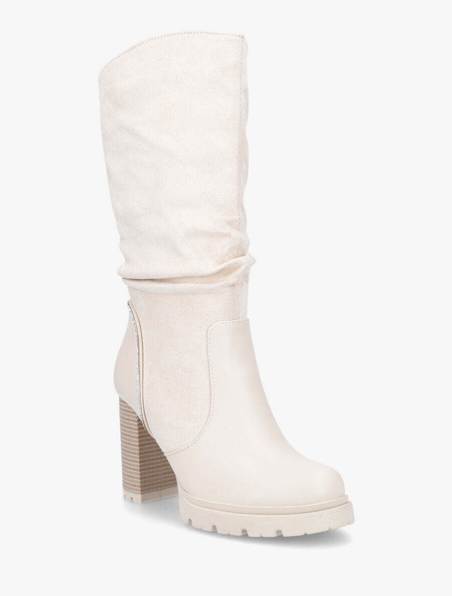 Bottes à talon et strass bi-matière - Beige - 2