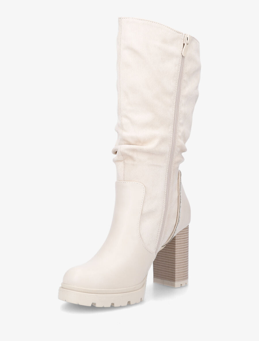Bottes à talon et strass bi-matière - Beige - 3