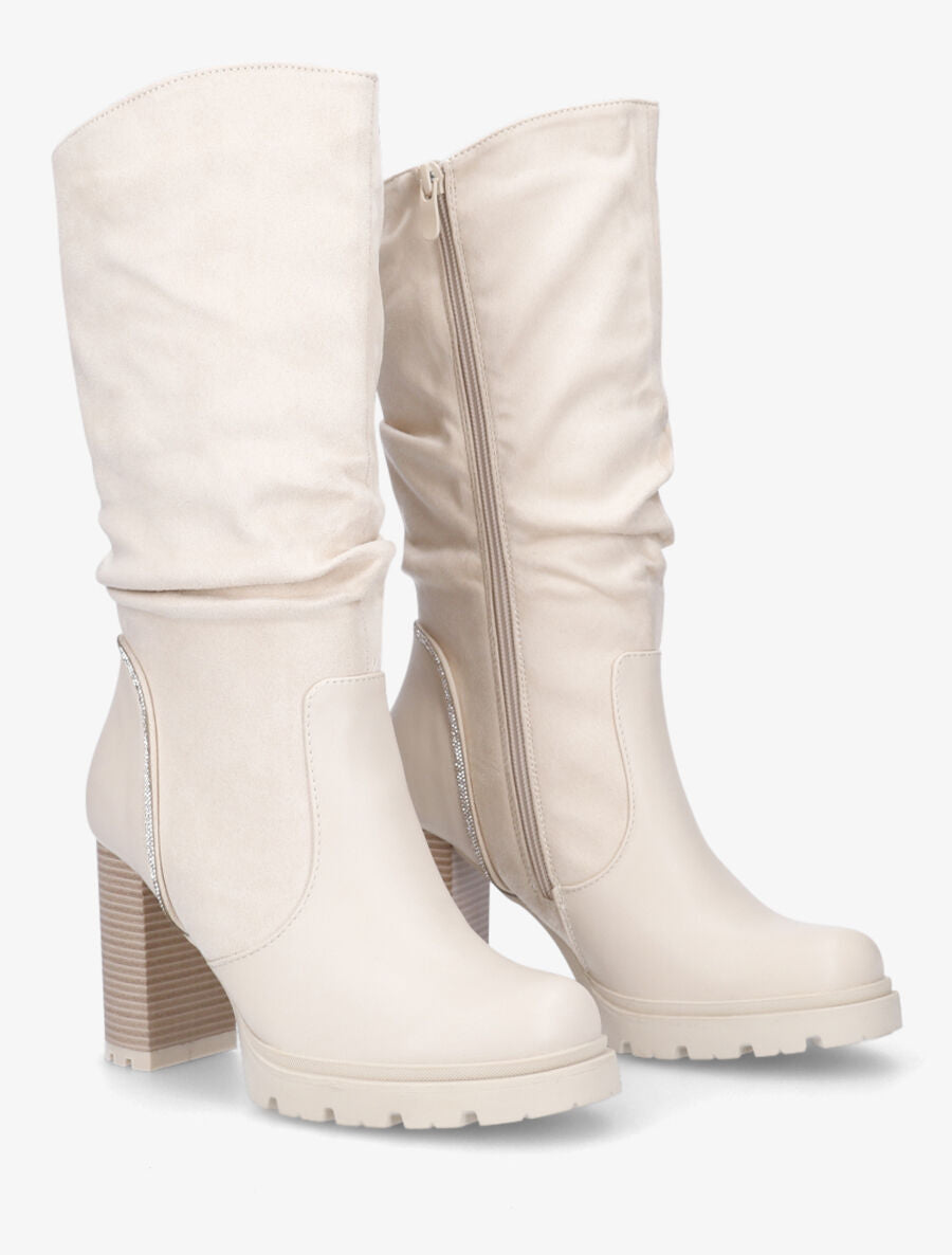 Bottes à talon et strass bi-matière - Beige - 4