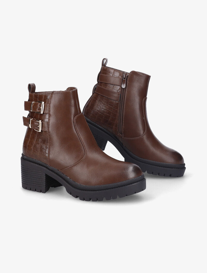 Bottines à talon et contrefort effet croco - Marron - 4