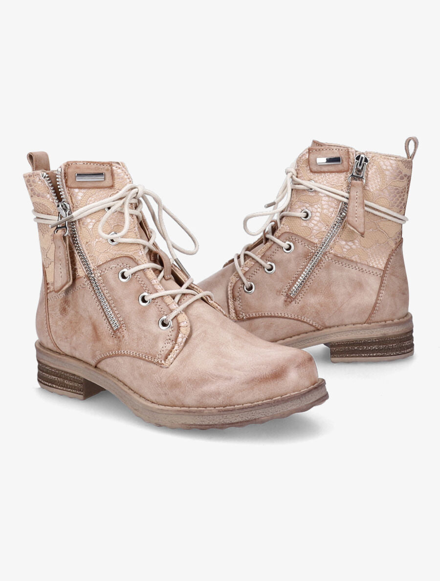 Bottines lacées à détail dentelle - Camel - 4