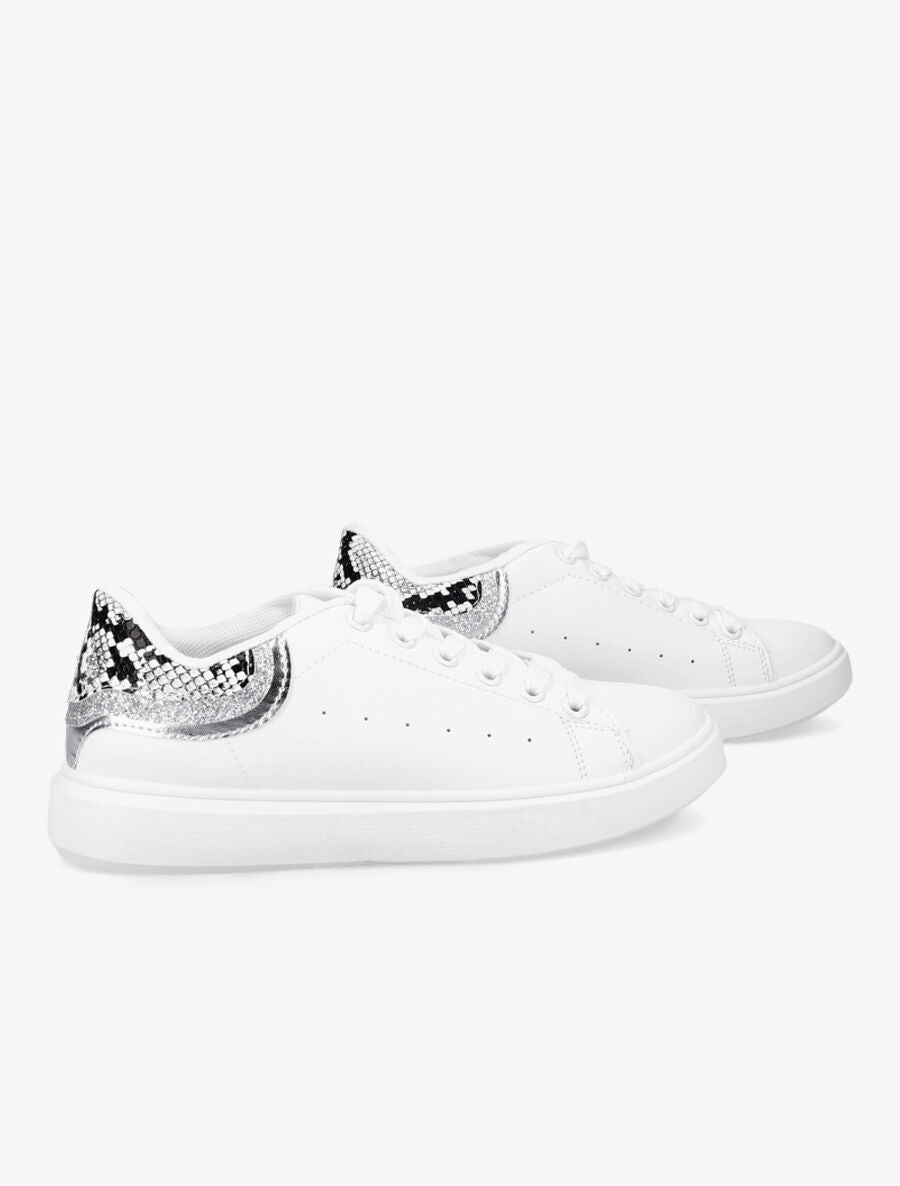 Sneakers à contrefort pailleté et imprimé python - Blanc/noir - 4