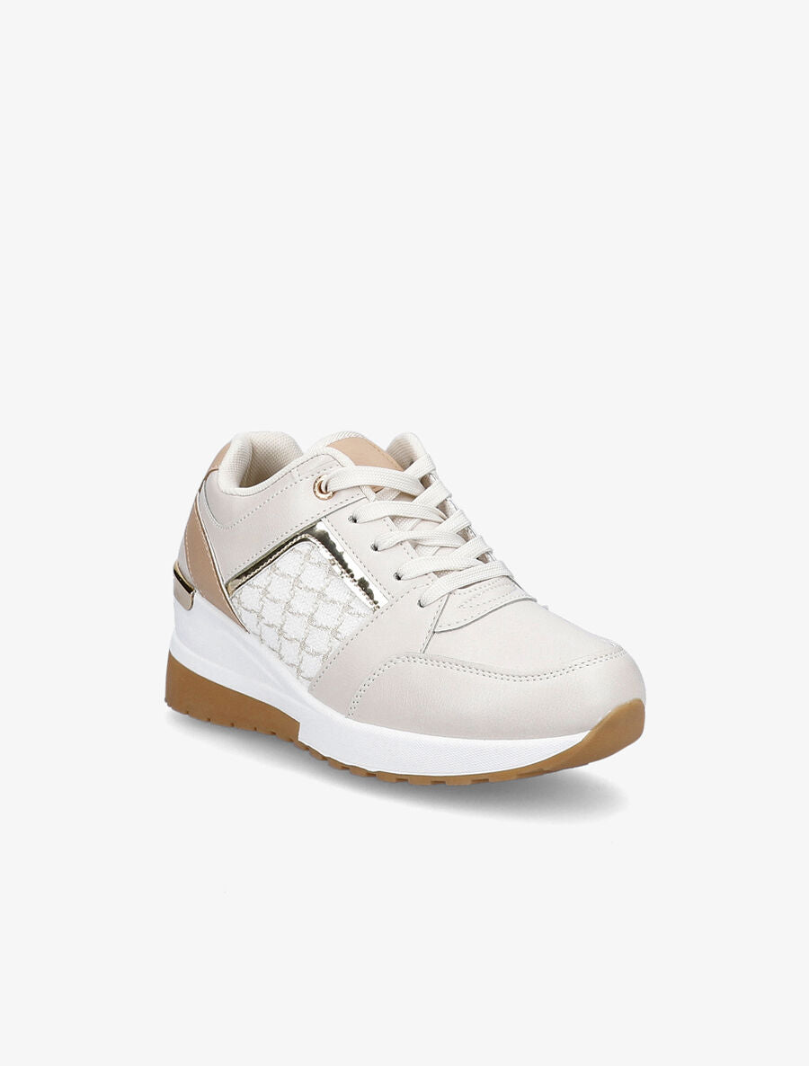 Baskets compensées à empiècement tissu et liserés vernis - Beige - 2