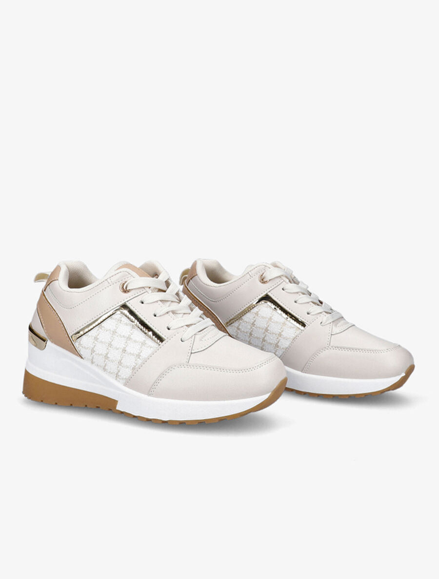 Baskets compensées à empiècement tissu et liserés vernis - Beige - 4